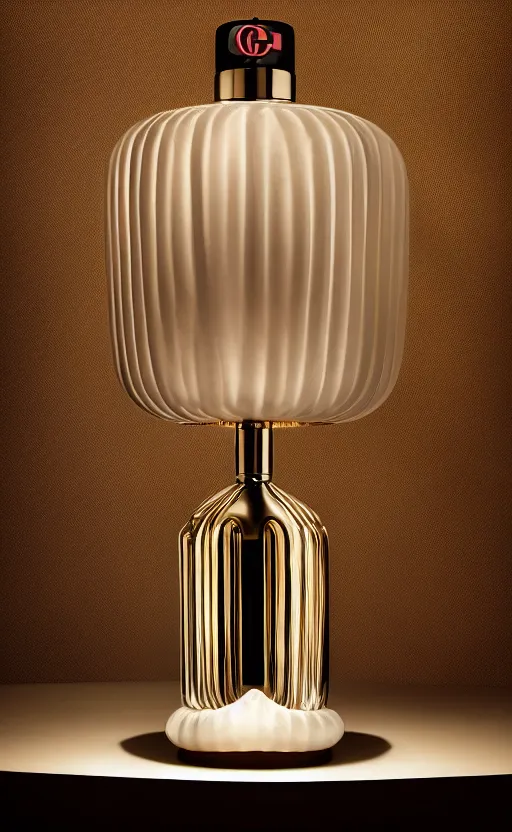 Image similar to a table lamp designed by gucci in the style of a perfume bottle, advertising photography