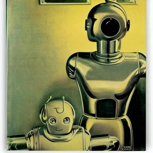 Image similar to Chrome robot, reflective silver chrome android,Android, 1950s, drawn by Norman Rockwell