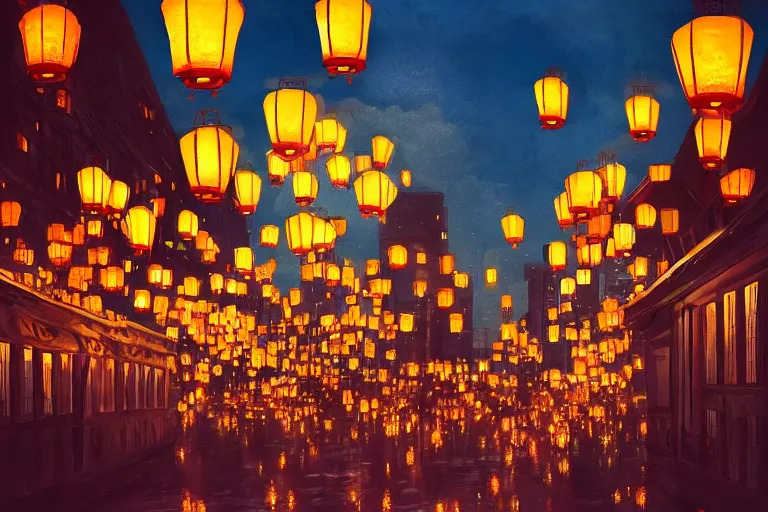 Image similar to a beautiful city full of glowing lanterns at night, by temmie chang, digital art, trending on artstation, rule of thirds, detailed, cinematic