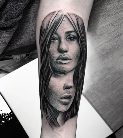 Prompt: tattoo design sketch of a double exposure of a beautiful mountain scenery with a faded beautiful woman face, hyper - realistic, in the style of matteo pasqualin, amazing detail, black and white, faded