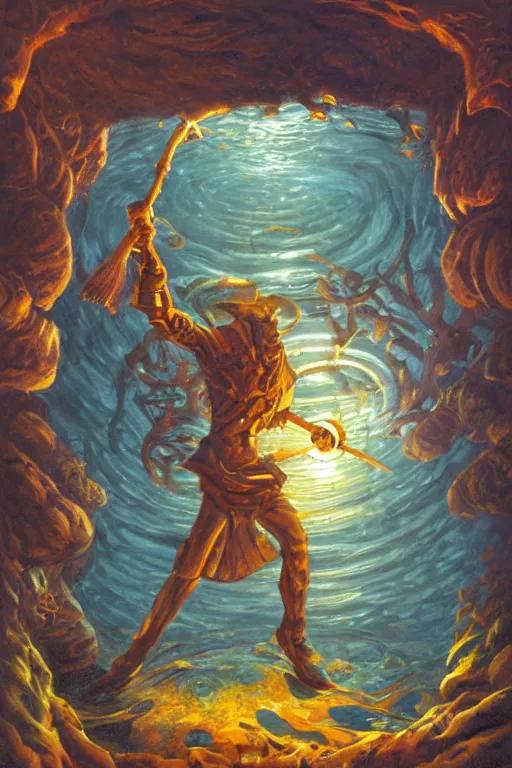 Prompt: classic oil painting, a perfect metal cube, as a dnd character, standing under the sea, cottagecore, highly detailed, digital illustration, concept art, smooth, sharp focus, art by tim hildebrandt, and greg hildebrandt