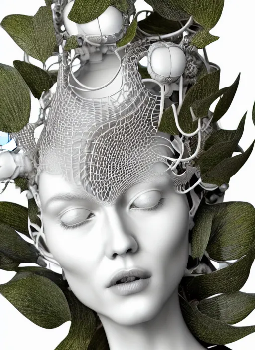 Prompt: complex 3d render ultra detailed of a beautiful porcelain profile woman face, mechanical cyborg, 150 mm, beautiful natural soft light, rim light, silver gold details, magnolia big leaves and stems, roots, fine foliage lace, maze like, mesh wire, intricate details, hyperrealistic, ultra detailed, mandelbrot fractal, anatomical, red lips, white metal neocubism armor, facial muscles, cable wires, microchip, elegant, octane render, H.R. Giger style, 8k