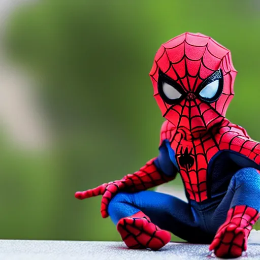 Image similar to Baby Spider-Man sitting at the roof,