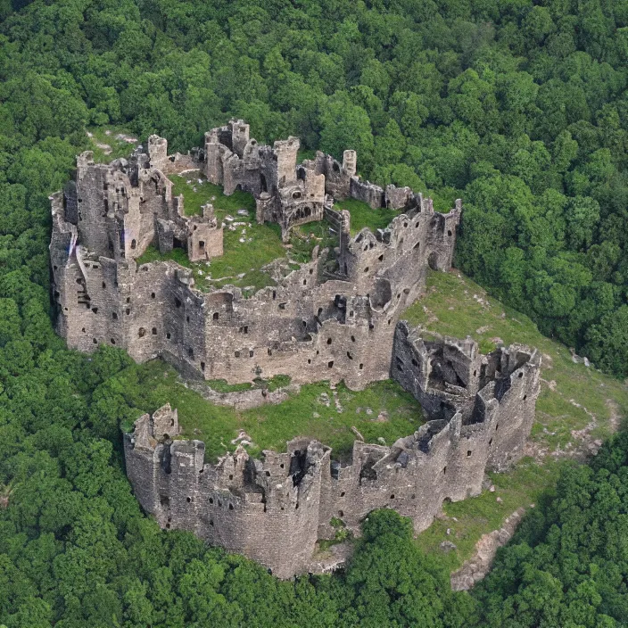 Image similar to aerial view of an ancient castle compound fortress from above in a forest shaped like the punisher symbol isometric detailed