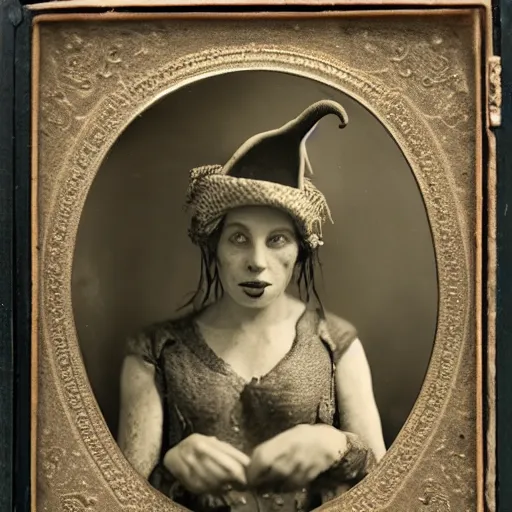 Prompt: a wet plate photo of a boa constrictor : : 1 snake : : 1 0 wearing a tiny jester hat : : 5 h 7 6 0