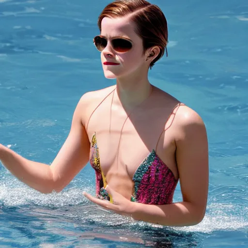 Prompt: emma watson wearing a swimsuit, swimming underwater, attractive curves, beautiful face, whole body visible, 4 k cinematic photo.