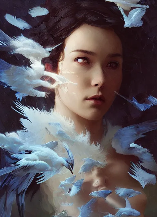 Prompt: portrait of snow white, birds, white spike aura in motion, floating pieces, painted art by tsuyoshi nagano, greg rutkowski, artgerm, alphonse mucha, spike painting