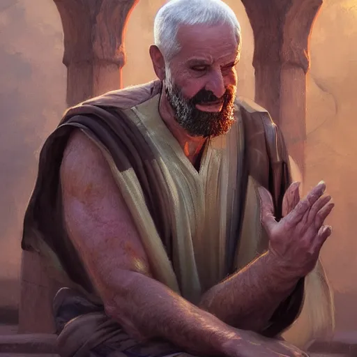 Image similar to A beautiful digital painting of a 60 year old man with middle eastern skin and Biblical clothing, short hair, hairy arms, tunic covering his body, by Stanley Artgerm Lau, frank frazetta, Rossdraws, James Jean, gerald brom, Andrei Riabovitchev, Marc Simonetti, and Sakimichan, trending on artstation, SFW version