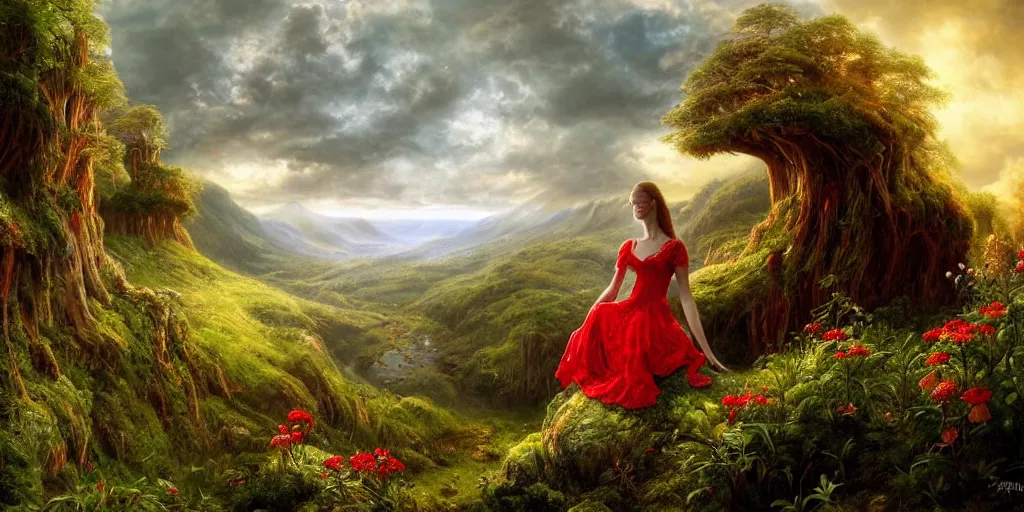 Prompt: an elegant fairy in a red lace dress sitting and looking out at a lord of the rings scenery landscape, vast lush valley flowers and giant mushroom structures, stream, sunrise, god's rays highly detailed, vivid colour, soft clouds, floral sunset, cinematic lighting, perfect composition, 8 k, gustave dore, derek zabrocki, greg rutkowski, belsinski,