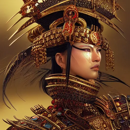 Prompt: a samurai with golden ornaments and diamonds jewelry by alex gray and android jones, karol bak, ayami kojima, amano, concept art, character design, fantasy, 3 d, 8 k resolution