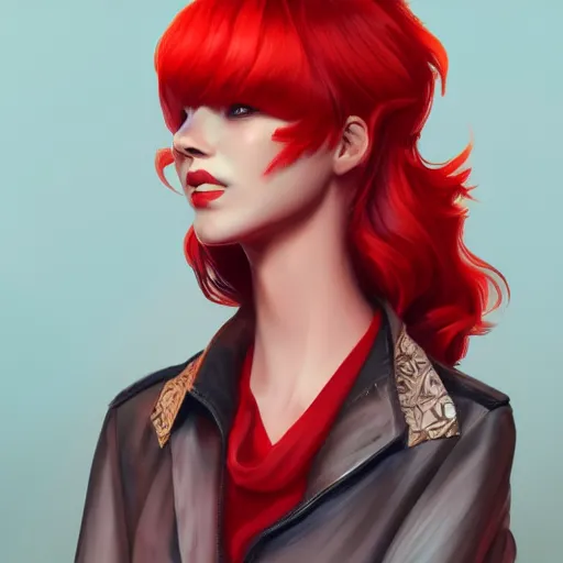 Image similar to a woman wearing a stylish outfit, red hair, highly detailed, digital painting, artstation, concept art, smooth, sharp focus, illustration