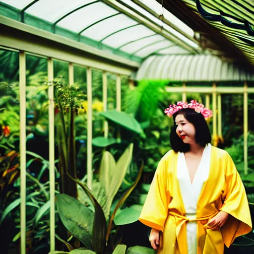 Image similar to Medium format photograph of an perfect woman wearing a yellow kimono in a tropical greenhouse, bokeh