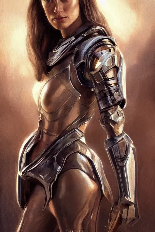 Image similar to a professional painting of a young Olivia Wilde, clothes in military armor, olive skin, long dark hair, beautiful bone structure, symmetrical facial features, intricate, elegant, digital painting, concept art, smooth, sharp focus, illustration, from StarCraft by Ruan Jia and Mandy Jurgens and Artgerm and William-Adolphe Bouguerea