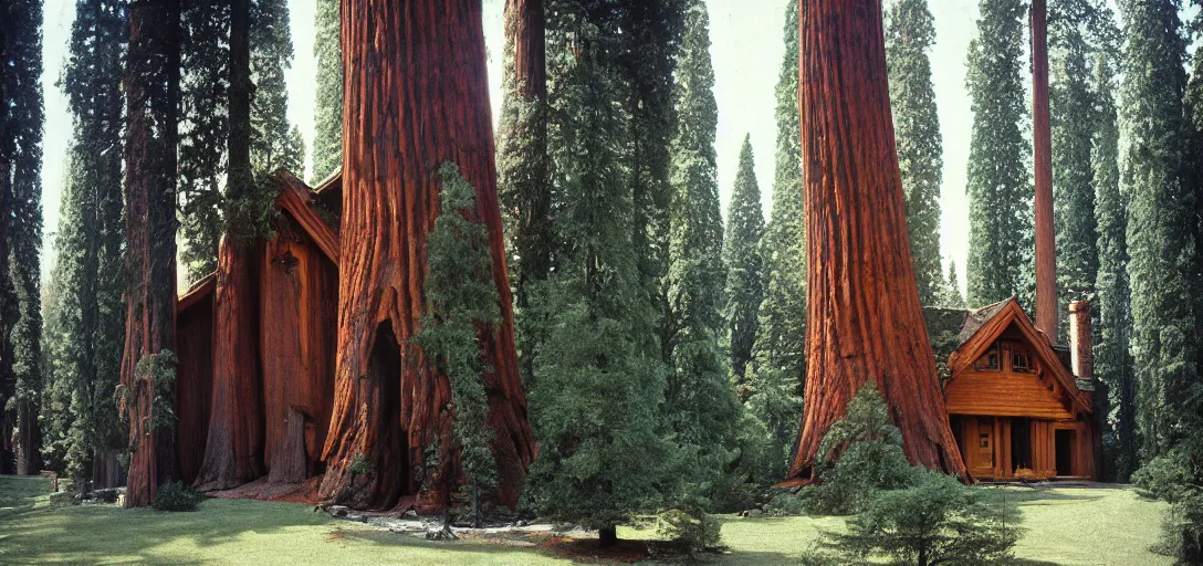 Prompt: house built into and inside a single giant sequoia. color photograph by jerry uelsmann. fujinon premista 1 9 - 4 5 mm t 2. 9. portra 8 0 0.