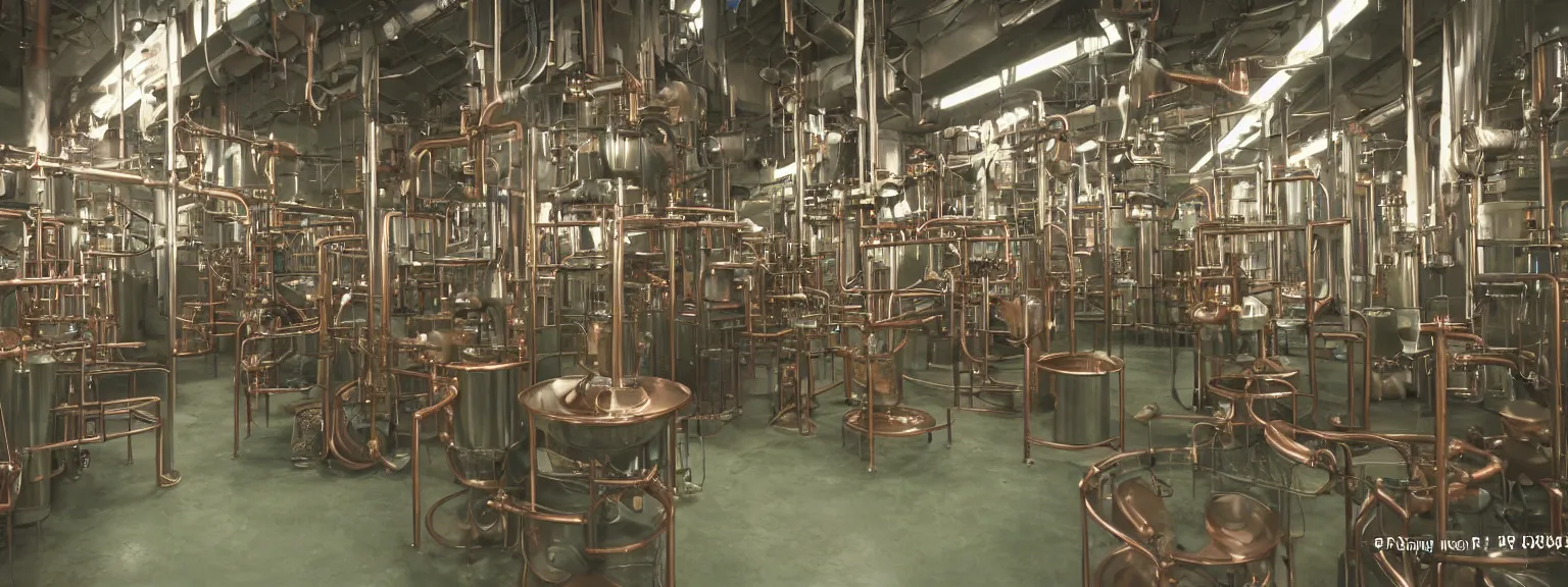 Image similar to oily apparatus for making snake oil, huge copper machine with purple and green snakelike pipework, barrels of snake oil in a disorganized factory in taiwan in 1 9 9 2 production line, golden hour lighting, film still from the uncle aloysius family medicine depot movie 3 d, 8 k, cinematic lighting