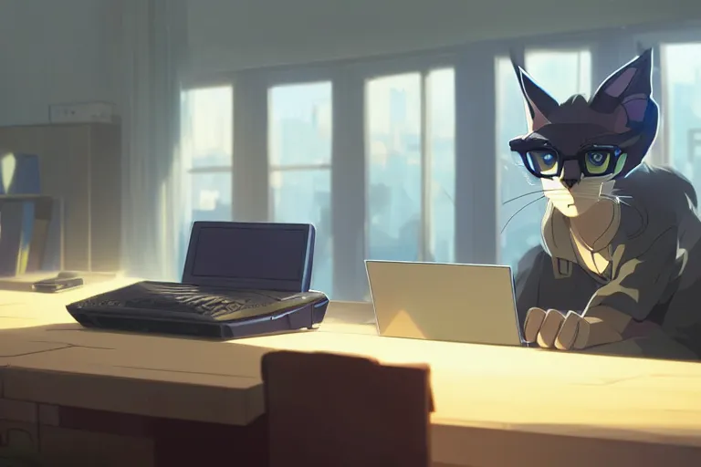 Image similar to a nerdy caracal is programming at a computer in a room full of gadgets, by makoto shinkai and ghibli studio, dramatic lighting, highly detailed, incredible quality, trending on artstation