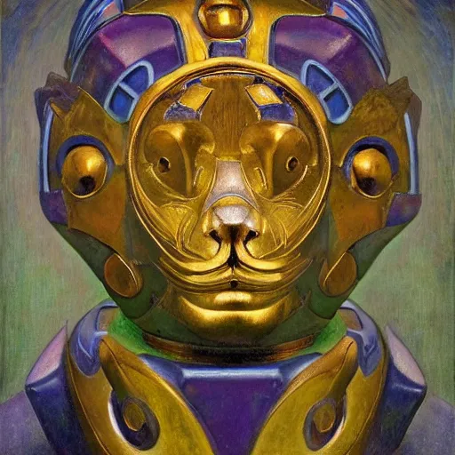 Image similar to beautiful ornate mechanical robot cat head, by annie swynnerton and diego rivera and nicholas roerich and jean delville, symbolist, dramatic lighting, god rays, elaborate geometric ornament, art brut, colors are soft greens and blues and purple, smooth, sharp focus, extremely detailed, adolf wolfli and ( donato giancola )