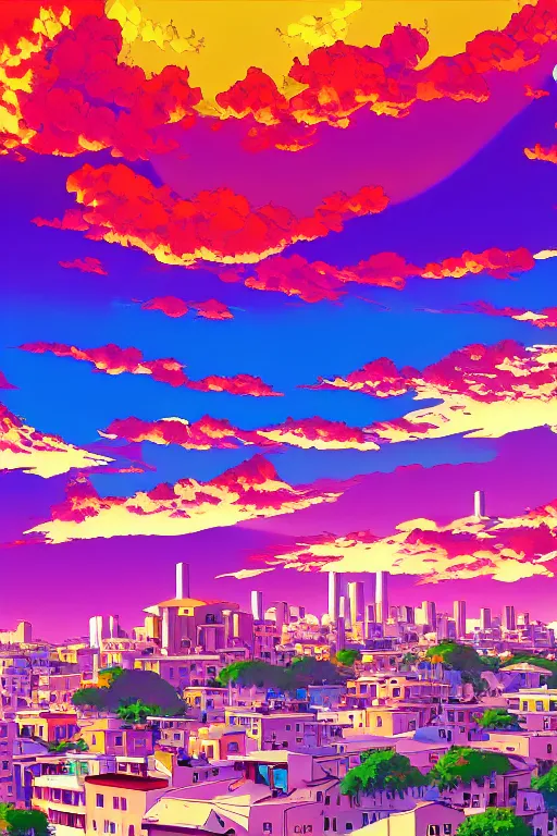 Prompt: colorful and vibrant and provenance paint about key anime visual portrait of an italian city in the background at sunset, the tyndall phenomenon, cumulonimbus clouds, modern anime still, 4 k