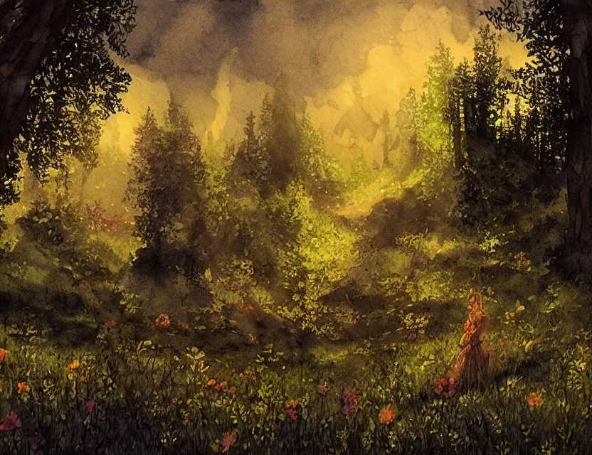 Image similar to midsummer night in a russian fairytale. color ink wash by award - winning concept artist. backlighting, chiaroscuro, field of depth.