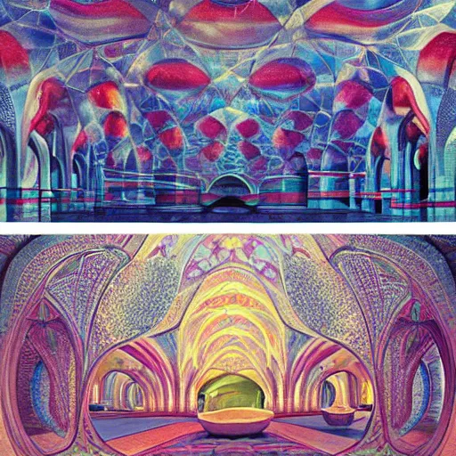 Prompt: world most beautiful mosque by jeff koons, m. c. escher, zdzisław beksinski, beeple, rutkowski, and alphonse mucha, chihuly