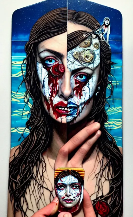 Image similar to a tarot card portrait horror and blood with sea and ocean intricate details by Sandra Chevrier