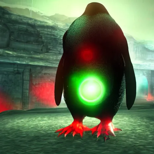 Image similar to penguin with red glowing eyes in front of a green glowing tower in the background, guild wars 2 art style