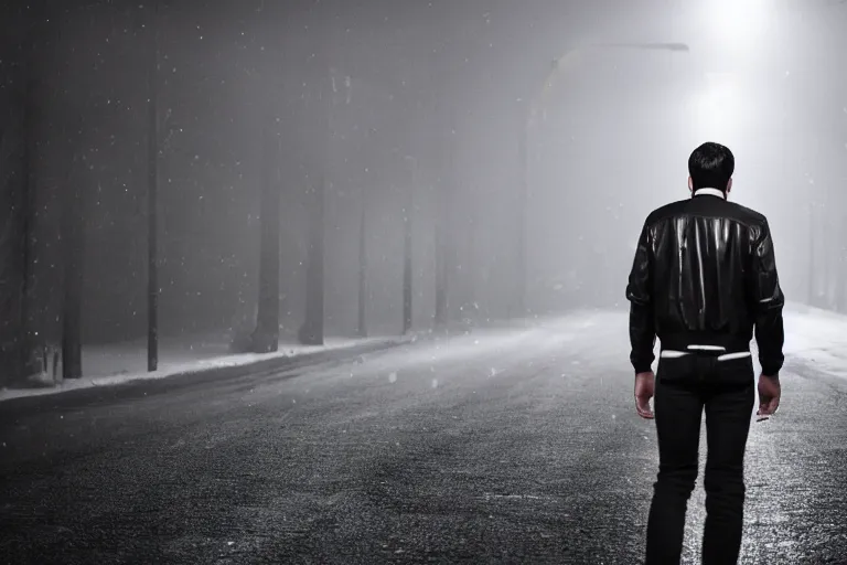 Prompt: movie shot of young man from back pacing lowering head dressed in short leather bomber jacket to empty narrow alley with street lamps in park with pines to the horizon, with hands in pockets, snowfall at night, mullet long haircut, black hairs, cinematic, dramatic, detailed, realistic, movie shot, low lighting