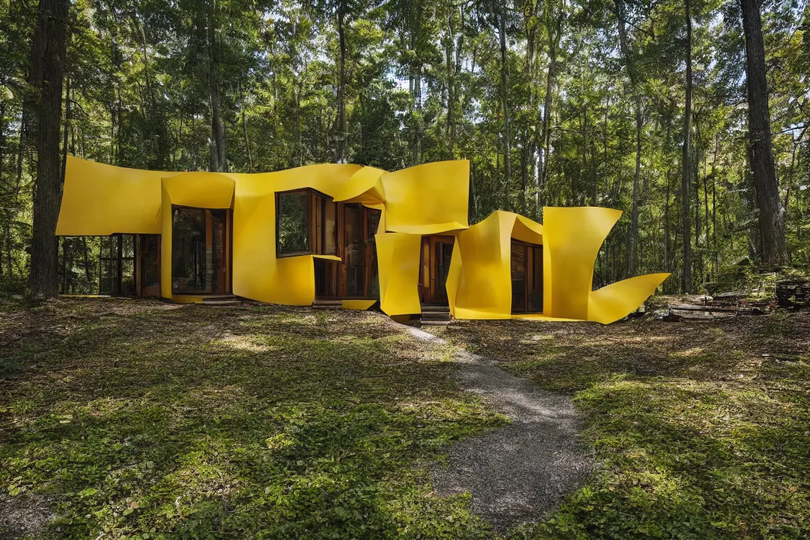 Prompt: a tiny modern house in a forest, designed by Frank Gehry. Tiles. Small wooden driveway . Film grain, cinematic, yellow hue