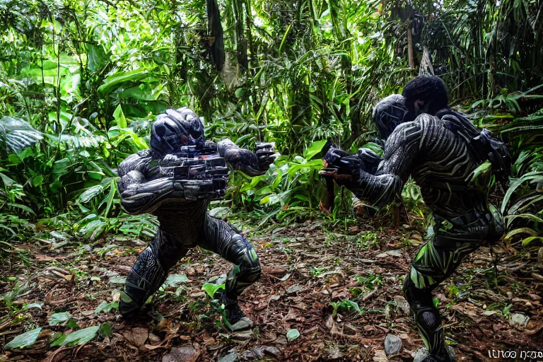 Image similar to Crysis Nanosuit shooting at enemies in a jungle combat photography 2022, Canon EOS R3, f/1.4, ISO 200, 1/160s, 8K, RAW, unedited, symmetrical balance, in-frame,