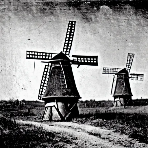 Image similar to an 1800s photo of a windmill. Cult worshippers in robes.