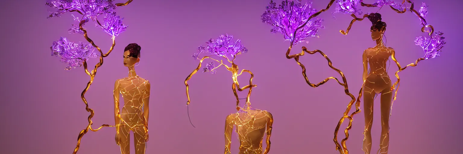 Image similar to beautiful mannequin sculpted out of amethyst by billelis + lit with geometric neon dripping gold + kintsugi, facing a doorway opening with neon pink geometric fractal light + flowering bonsai trees + lighting in background!!, clean linework, dramatic, finely detailed, award winning, 4 k, trending on artstation, photorealistic, volumetric lighting, octane render