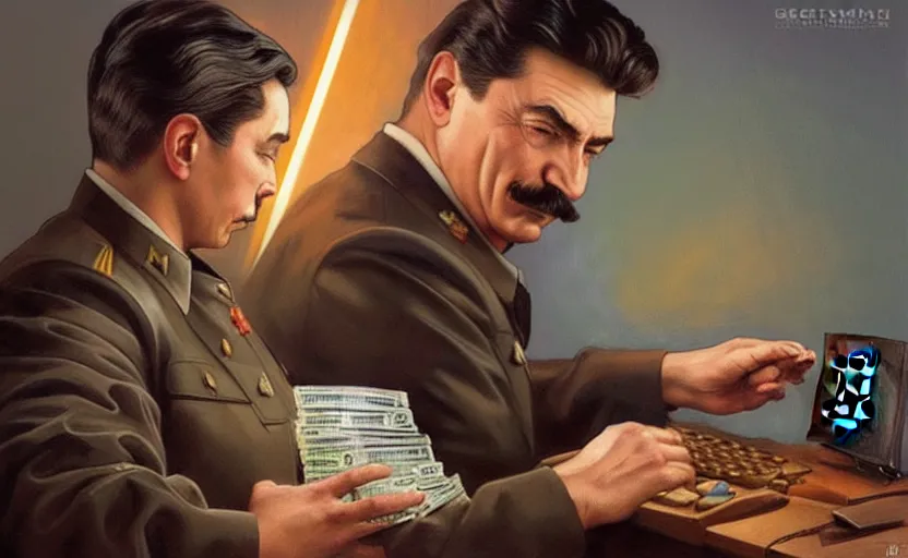 Prompt: angry realistic josef stalin trading bitcoin in front of computer, portrait, highly detailed, hyperrealistic, digital painting, artstation, concept art, smooth, sharp focus, illustration, cinematic lighting, art by artgerm and greg rutkowski and alphonse mucha