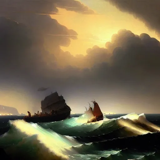 Image similar to a fleet of ancient trojan tiremes, amidst crashing waves and huge looming rocks, in the style of aivazovsky, grim, lightning flashes, sky swirling with black wind, dramatic, realistic, detailed, ancient, artstation, artgerm, digital painting
