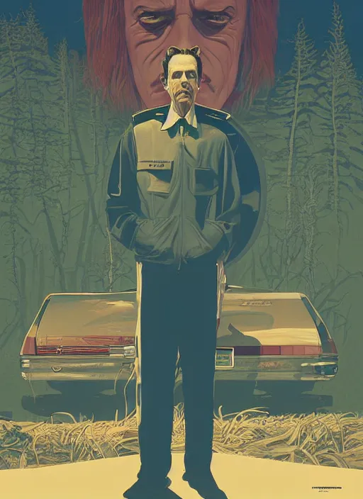 Image similar to poster artwork by Michael Whelan and Tomer Hanuka, Karol Bak of Steve Buscemi the local gas station attendant, from scene from Twin Peaks, clean, simple illustration, nostalgic, domestic, full of details