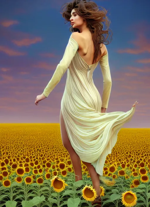 Prompt: a full body fashion photography of a girl slowly walking through amazing tall sunflower field, hair flowing, intricate, elegant, clearly visible face, highly detailed, digital painting, artstation, concept art, smooth, sharp focus, illustration, art by artgerm and greg rutkowski and alphonse mucha, 8 k