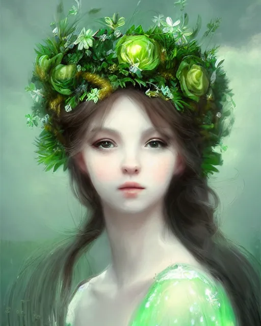 Image similar to the goddess of spring, with a wreath on her head and a green gauze skirt, dreamy, beautiful, by wlop