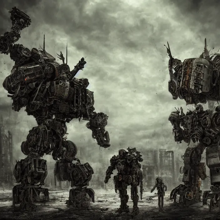 Image similar to gritty apocalyptic scene of human standing next to mech - warrior, hyper - detailed, sharp focus, 4 k ultra hd, fantasy dark art, apocalyptic art