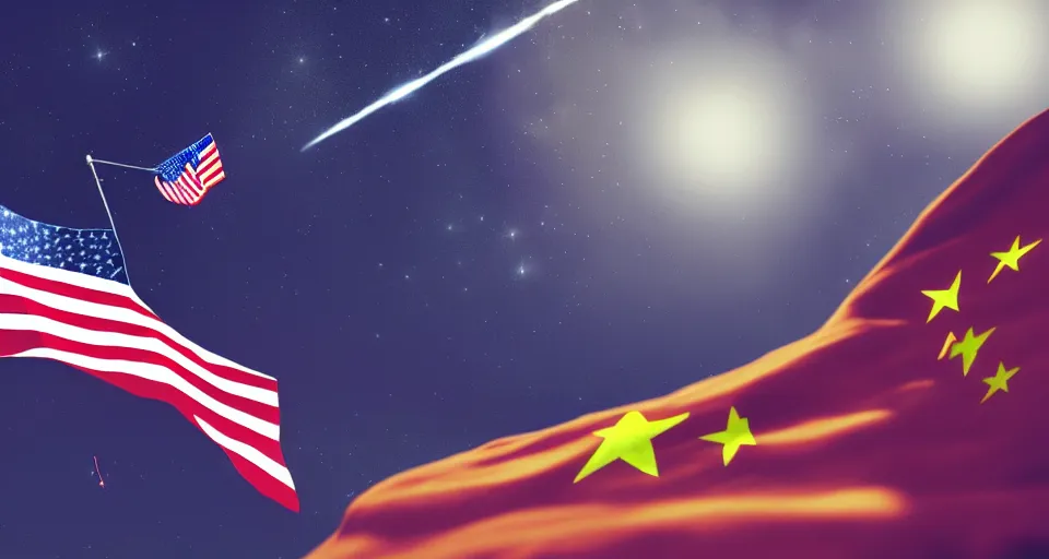 Prompt: space war between china and usa, desaturated, moebius, usa flag on a spaceship, china flag on a spaceship, complementing colors, maschinen krieger, beeple, film, atmospheric perspective