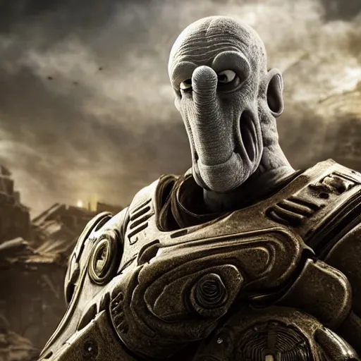Image similar to squidward in gears of war, splash art, movie still, detailed face, photorealistic facial features, cinematic lighting, dramatic, octane render, long lens, shallow depth of field, bokeh, anamorphic lens flare, 8 k, hyper detailed, 3 5 mm film grain