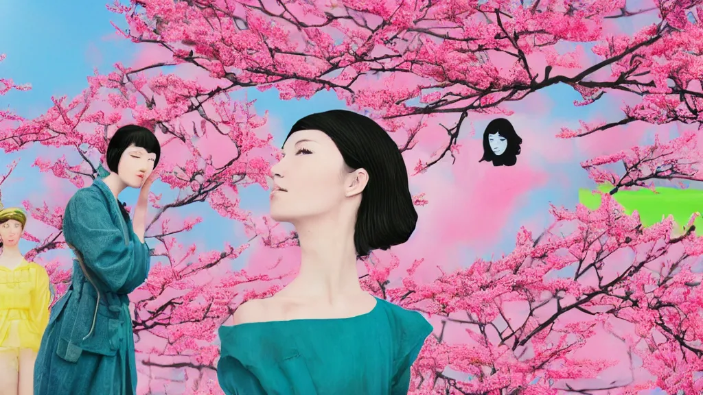 Image similar to close - up of a young pretty woman in a small group of people, a flower viewing picnic sakura, japan, a collage painting, in the style of wes anderson, lola dupre, david hockney, isolated on negative white space background dark monochrome neon fluorescent spraypaint accents volumetric octane render