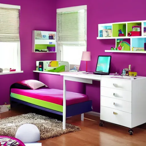 Image similar to award-winning colorful modern boy's room catalog photo. single bed. A single window illuminates the bed and the desk.