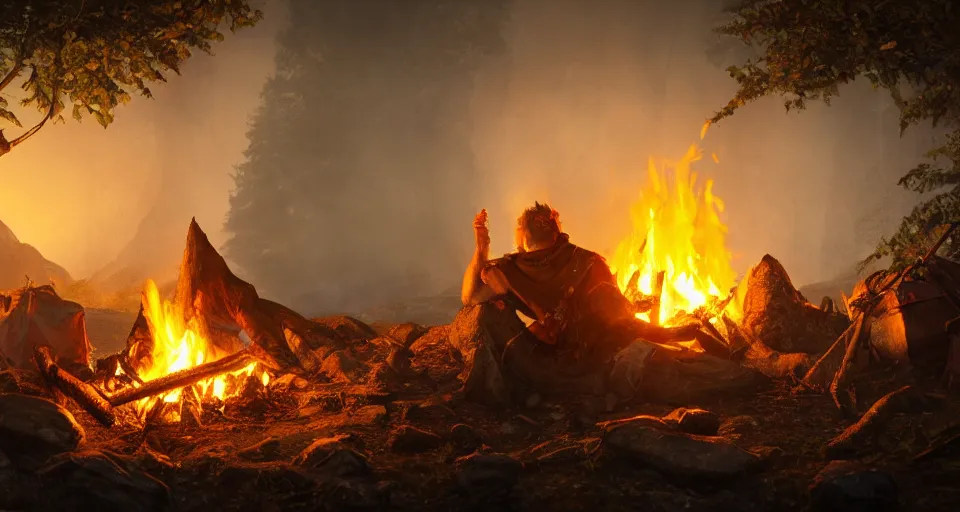 Image similar to an epic fantasy adventurer's tent left alone with a smoldering camp fire, 4 k, extremely detailed. award winning, trending on artstation, 8 k, ultra wide angle