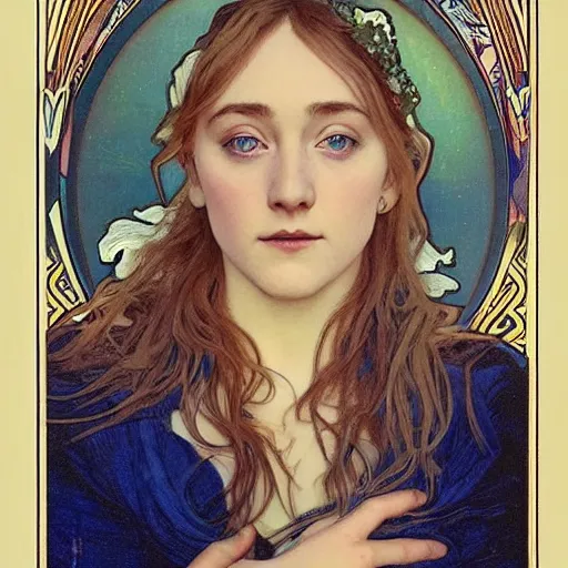 Image similar to saoirse ronan portrait by louis - theophile hingre and alphonse mucha, realistic, sharp focus, zodiac signs, tarot cards, planets, ethereal, art nouveau, magic, moon, sun, crown, dreamy, royal, jewellery