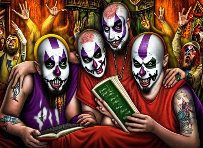 Image similar to Juggalos reading the bible, photo realistic, 8k, detailed,