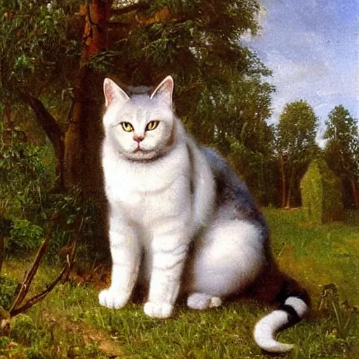 Image similar to huge cat besides small houses, oil painting by Ivan Shishkin