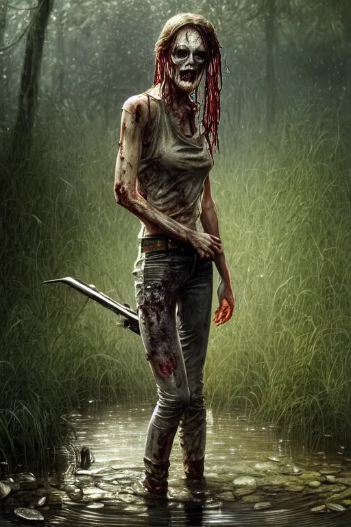 Image similar to full body portrait of walking dead zombie, standing in a pond, soaking wet hair, by terry o'neill intricate, elegant, highly detailed, digital painting, glistening skin, artstation, concept art, smooth, sharp focus, bright lighting, illustration, art by artgerm and greg rutkowski and alphonse mucha, 8 k