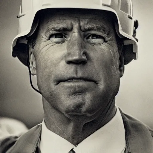 Image similar to Joe Biden as a roughneck oil field worker, high detail, portrait, close up, dirty, hard hat, oil, grit