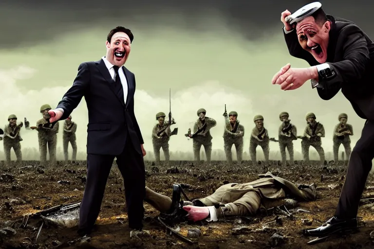 Image similar to one Comedian in suit and tie performing in a battle-field with dead bodies on the ground, comedian is funny, performing to dead soldiers, nuclear bomb in far horizon, apocalypse, trending on artstation, artstationHD, hyperdetailed matte painting, highly detailed, digital painting, hyper-realistic, realistic, photo-realistic