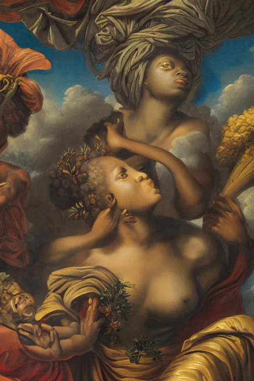 Image similar to baroque painting of african mother nature floating through the sky, inspired by gustav moreau and wayne barlow, exquisite detail, hyper realism, ornate, exquisite detail