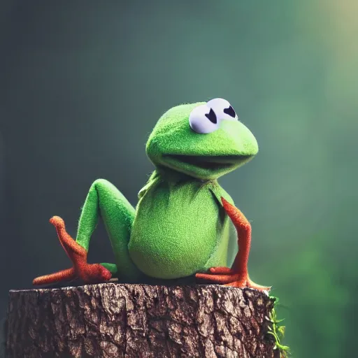 Image similar to very very very very cute baby Kermit the Frog, portrait, pixar style, forest background, cinematic lighting, award winning creature portrait photography